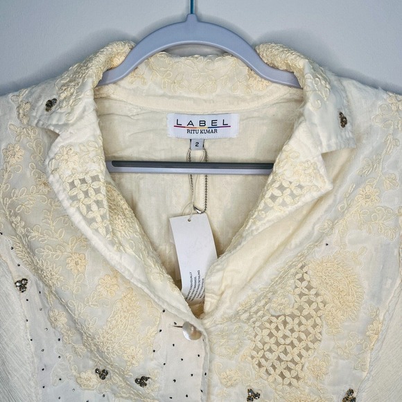 NWT Label Ritu Kumar Embroidered Floral Rhinestone Blazer Jacket White Size 2 - Picture 8 of 14